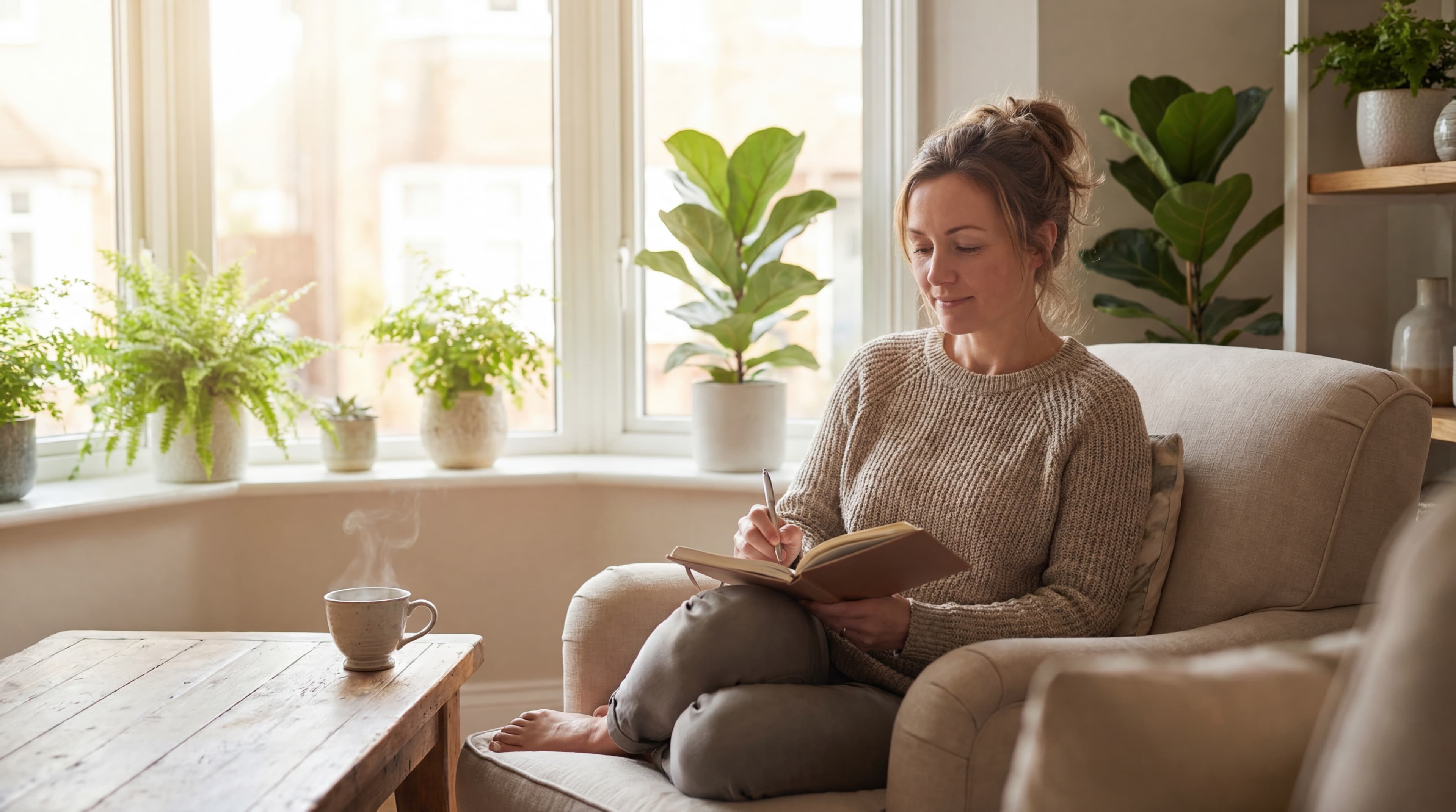 Adult woman journaling by a bright window with tea, representing calm supportive depression self-care routines.