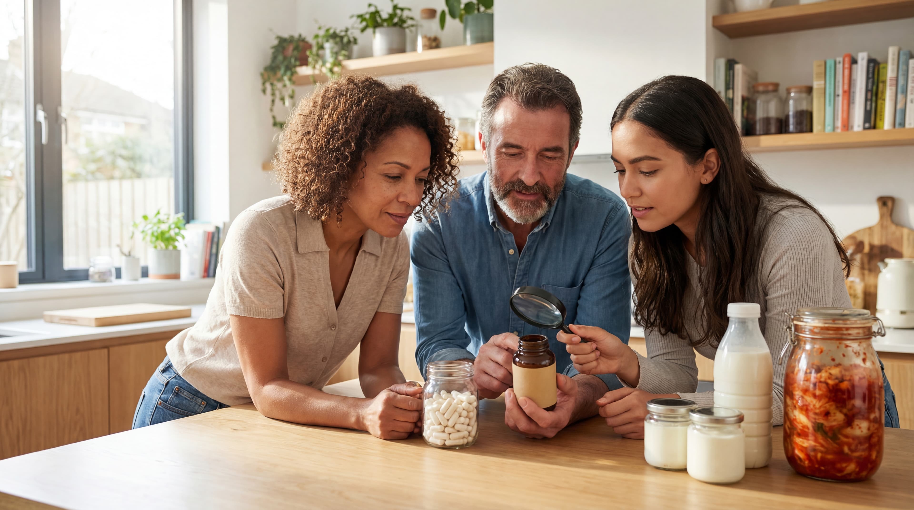 Adults reviewing a probiotic supplement plan with fermented foods and symptom tracking notes in a bright kitchen setting.
