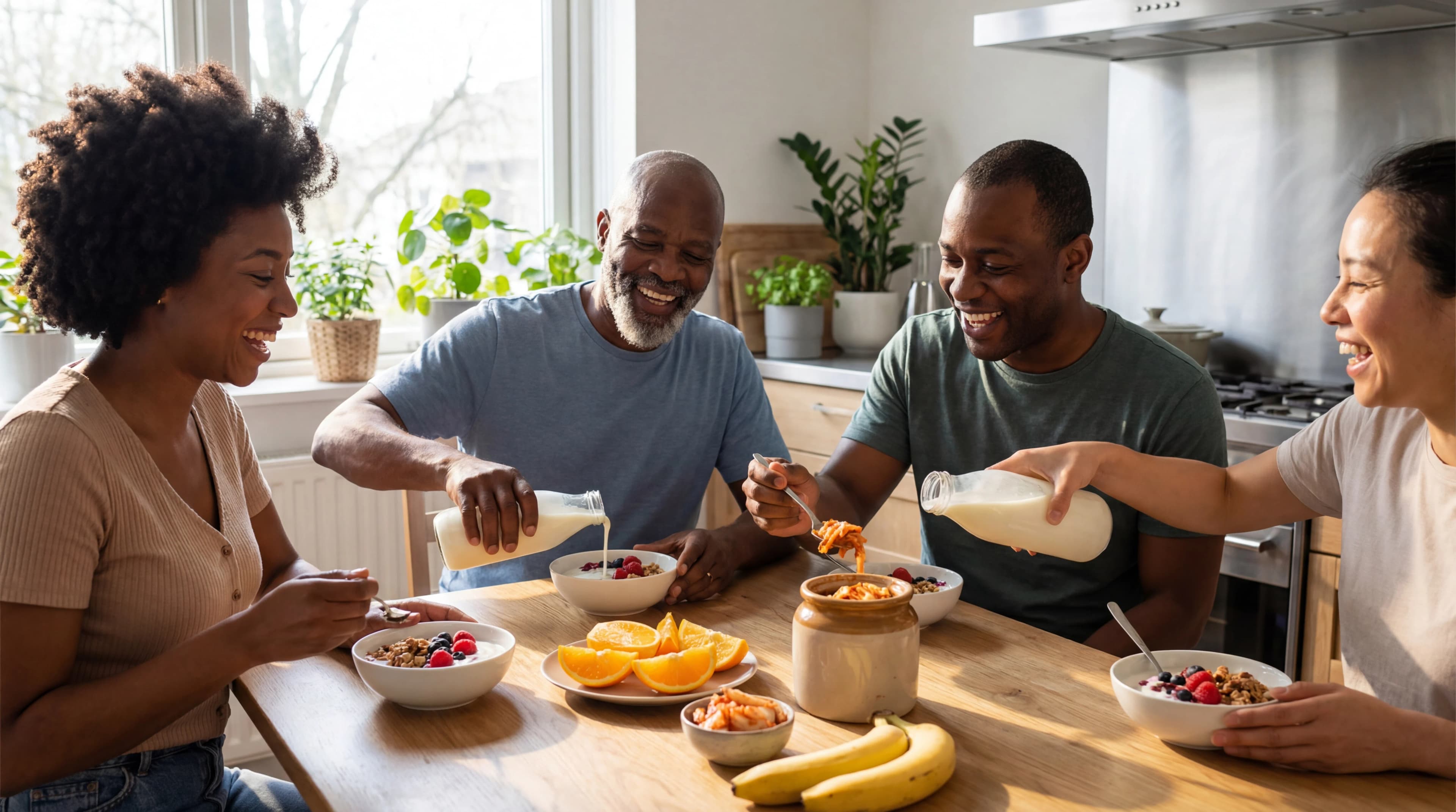 Family-style probiotic breakfast with yogurt, kefir, and fermented vegetables on a bright kitchen counter.