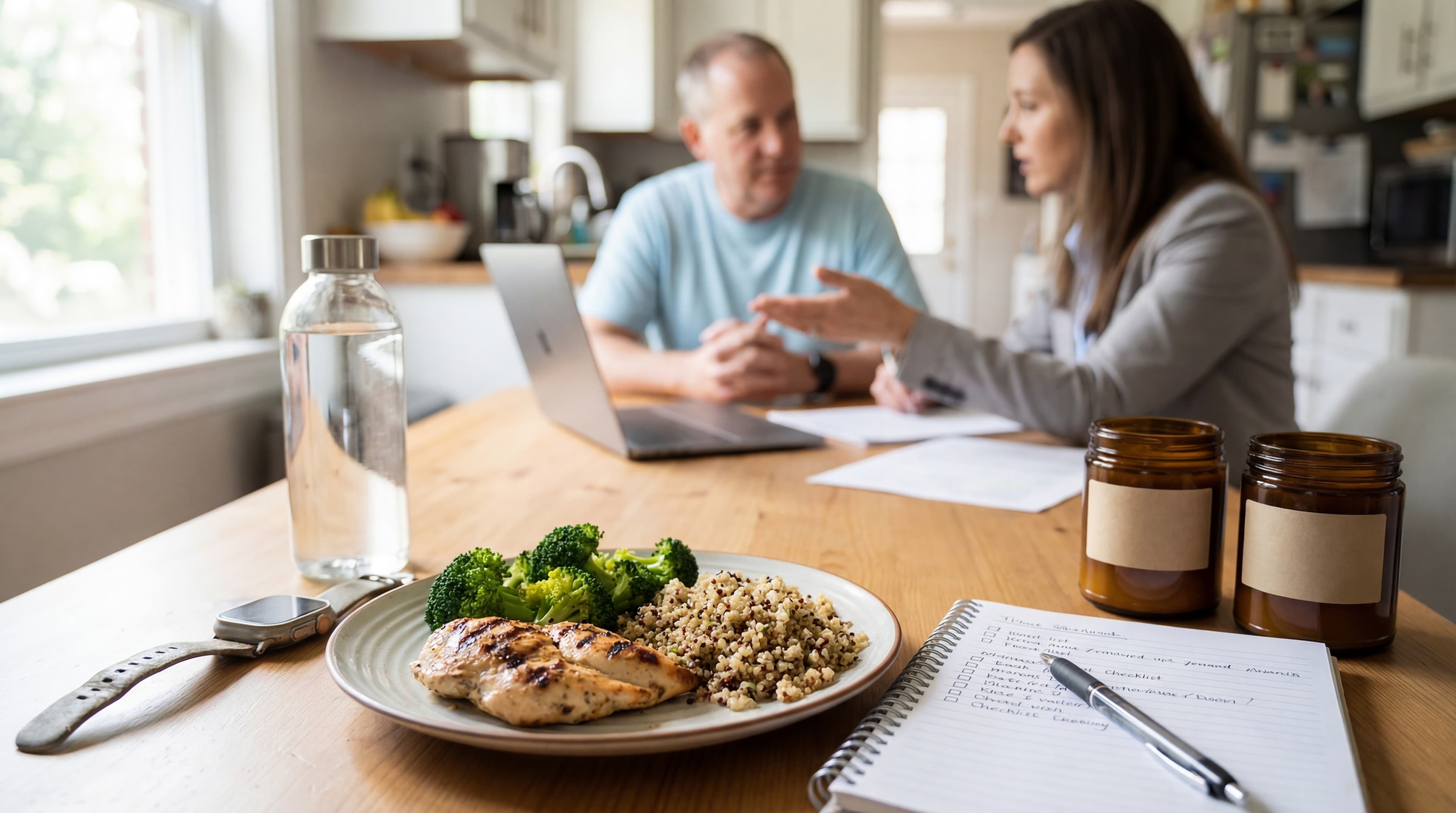 Balanced meal plate, hydration, and supplement planning tools arranged on a kitchen table to represent evidence-based weight management.