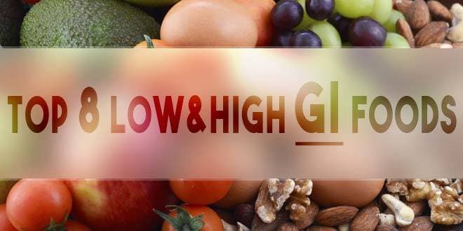 Featured visual summarizing evidence-based guidance related to Top 8 Low and High Glycemic Index Foods.