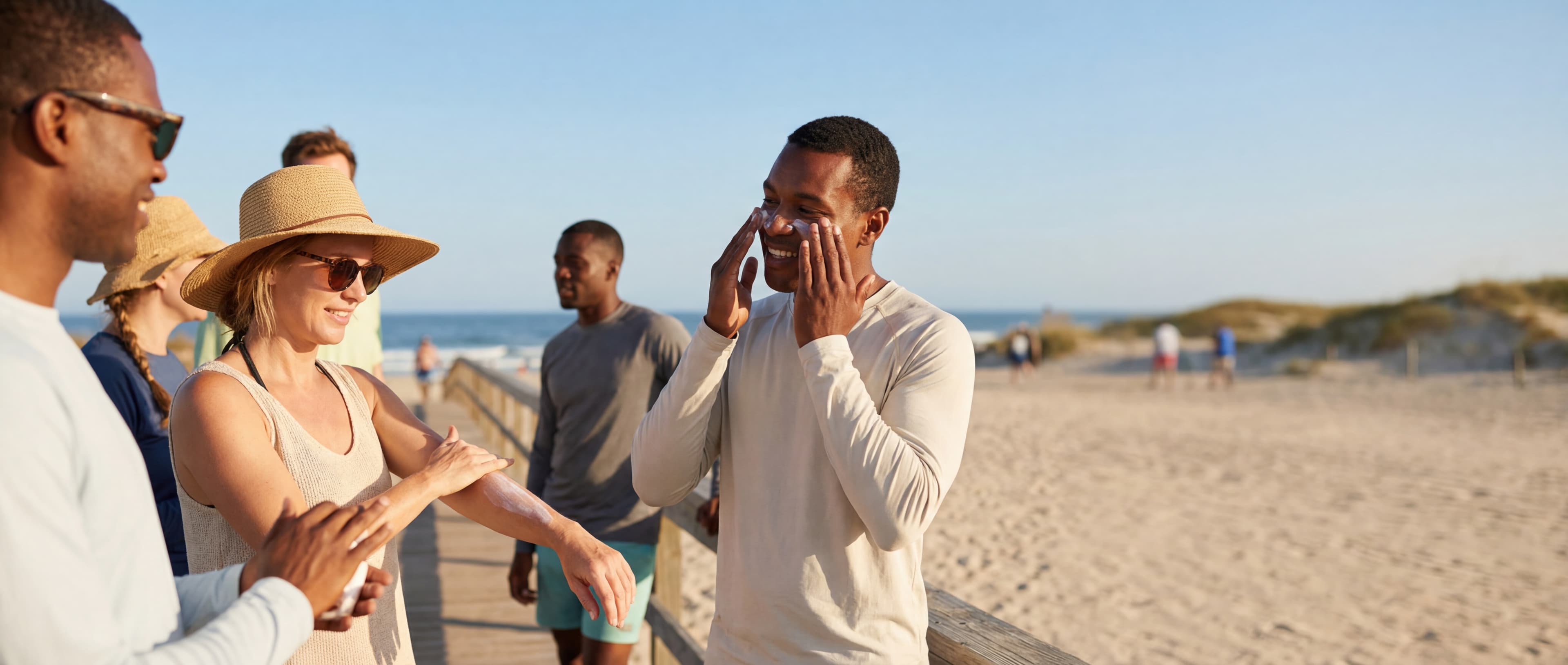 Family applying broad-spectrum sunscreen while wearing hats and UV-protective clothing on a sunny boardwalk.