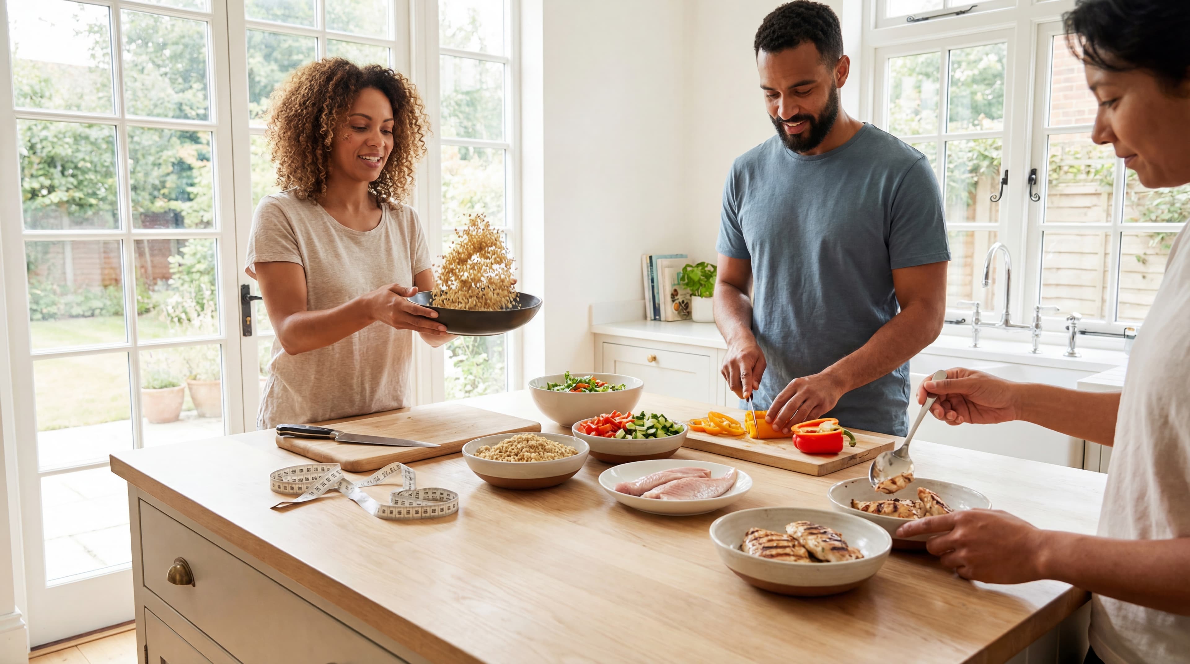 Adults preparing balanced, portion-aware meal bowls with vegetables, whole grains, and lean proteins in a bright kitchen