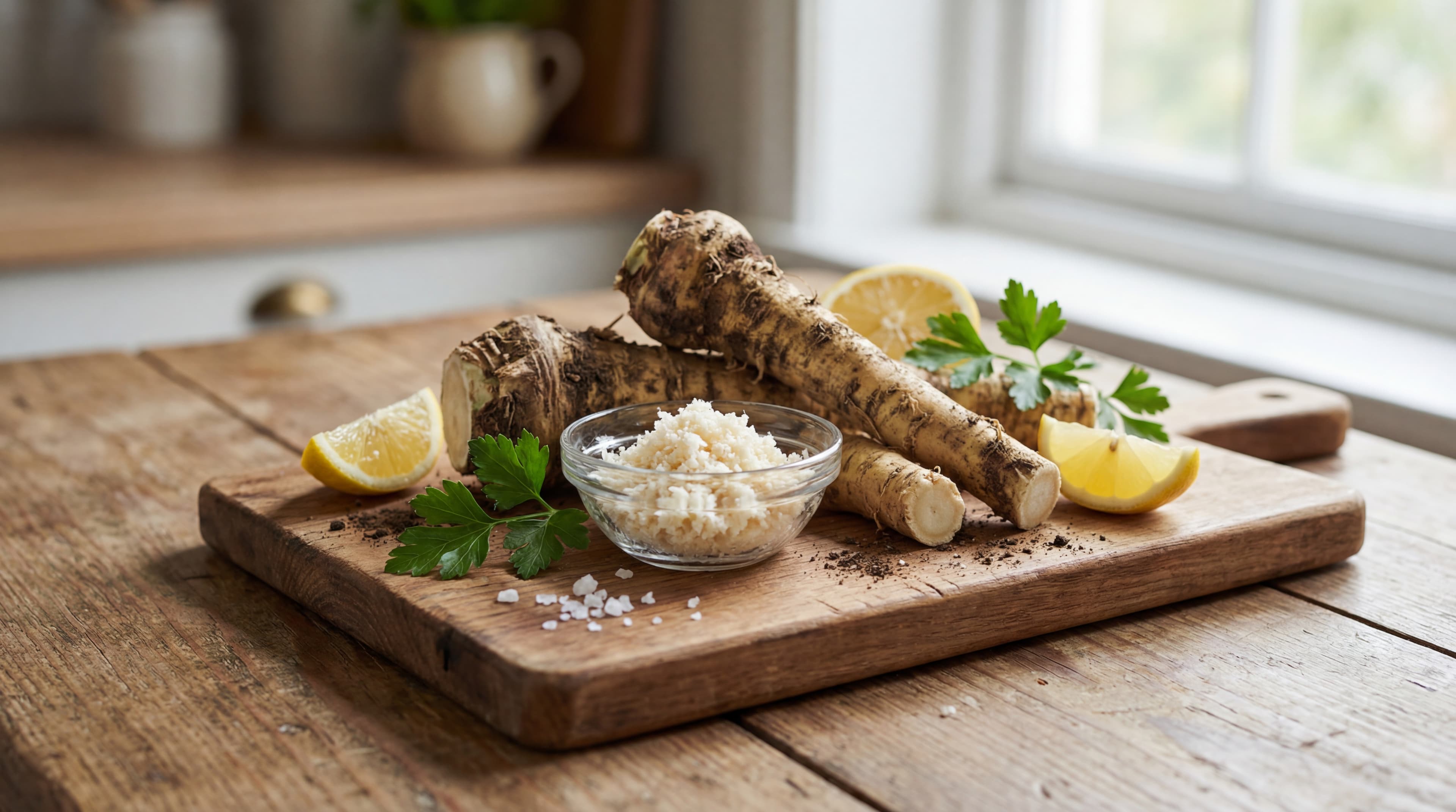Fresh horseradish roots and grated horseradish in a glass bowl with lemon and parsley on a wooden prep board.