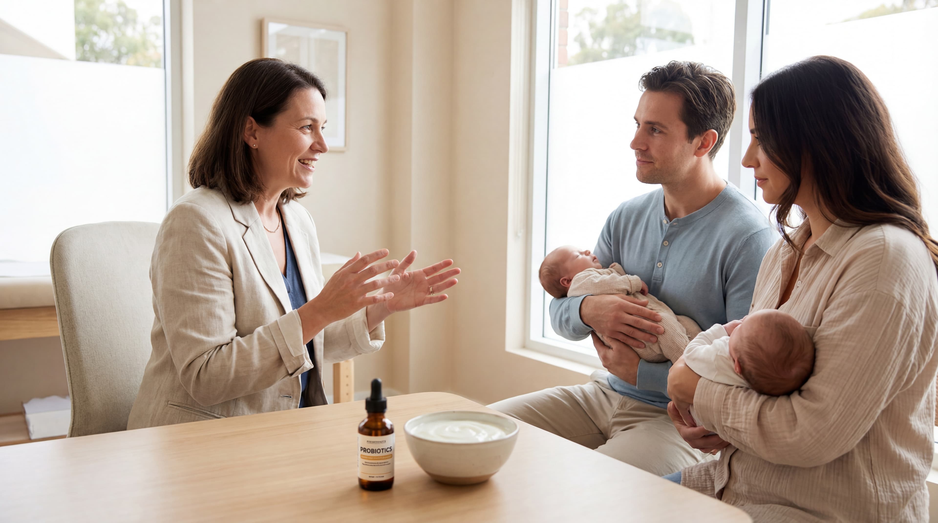 Pediatrician guiding parents with a newborn while discussing infant gut health and probiotic options in a bright clinic