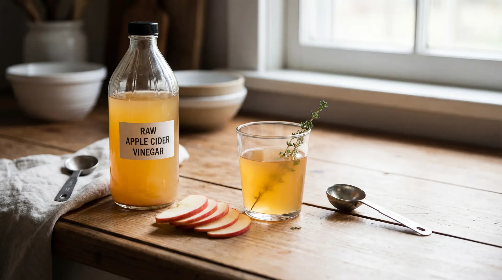 Bottle of unfiltered apple cider vinegar beside sliced apples, measuring spoons, and a glass of diluted vinegar drink on a kitchen counter
