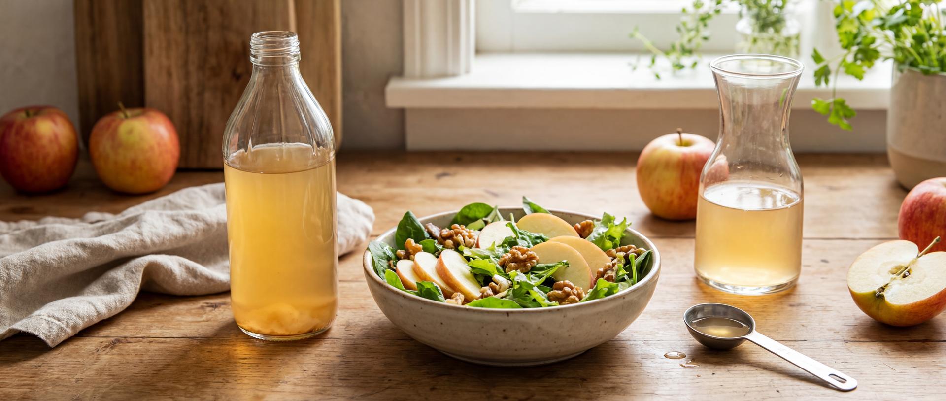 Raw apple cider vinegar bottle with fresh apples and salad ingredients arranged for an evidence-based nutrition guide.