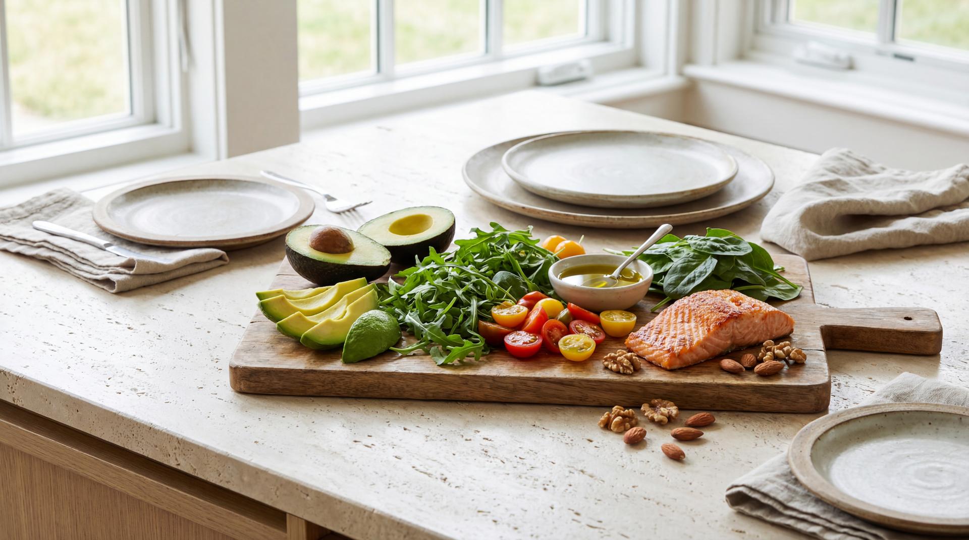 Overhead view of avocados, salmon, leafy greens, nuts, and olive oil arranged as a heart-healthy meal-prep spread.