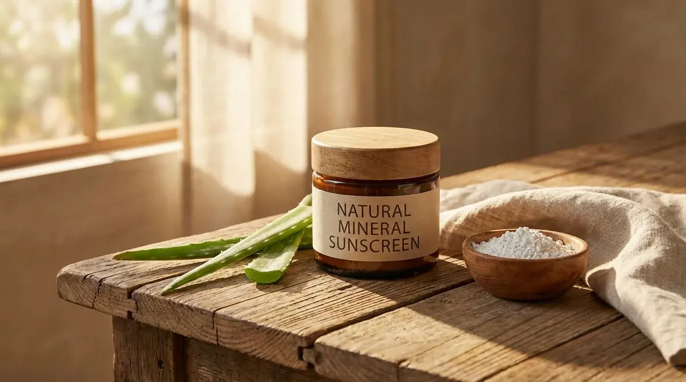 Glass jar of mineral sunscreen beside zinc oxide powder and fresh aloe vera leaves on a wooden table in warm sunlight
