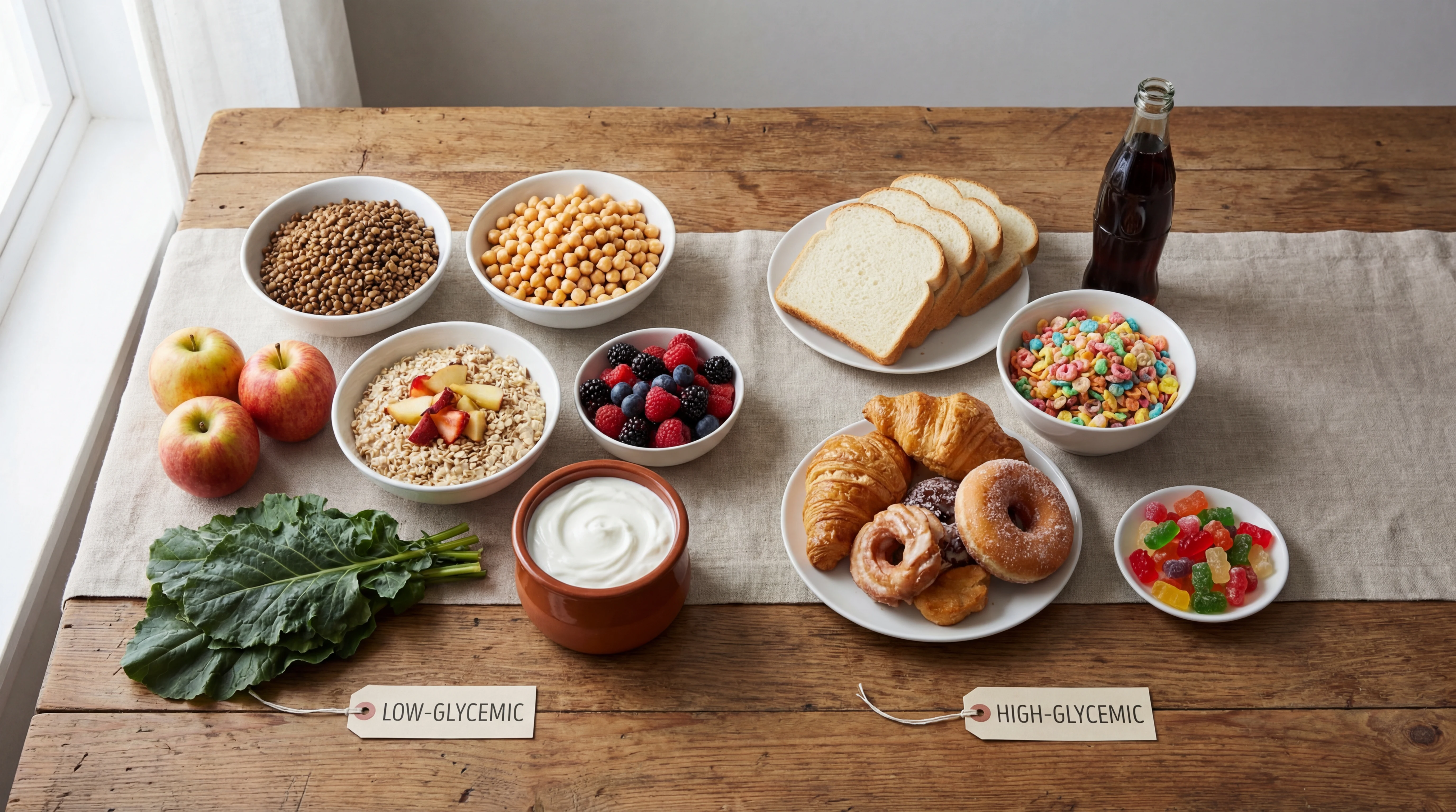 Top-down spread of low- and high-glycemic foods including legumes, berries, whole grains, pastries, and sugary cereal on a split table.