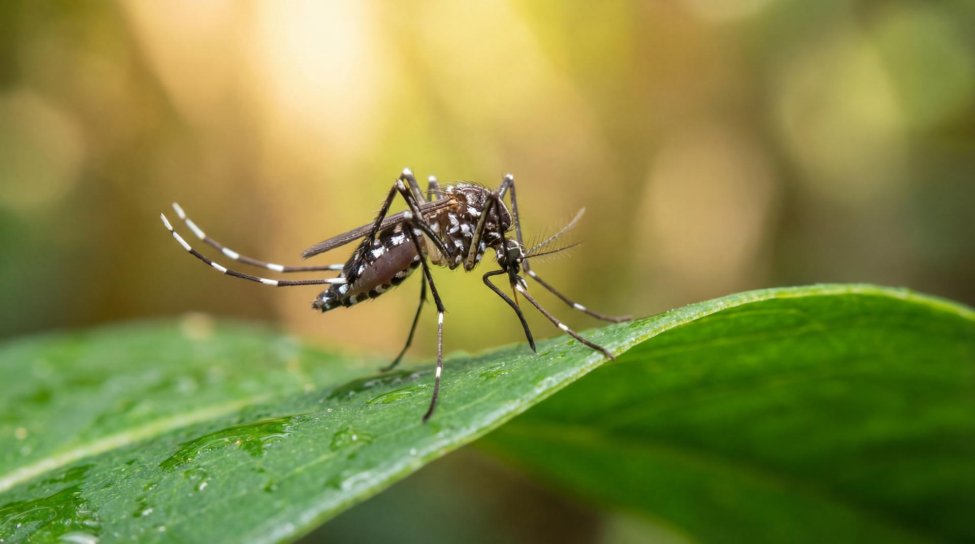 Close-up of an Aedes aegypti mosquito perched on a green tropical leaf with warm golden light in the background