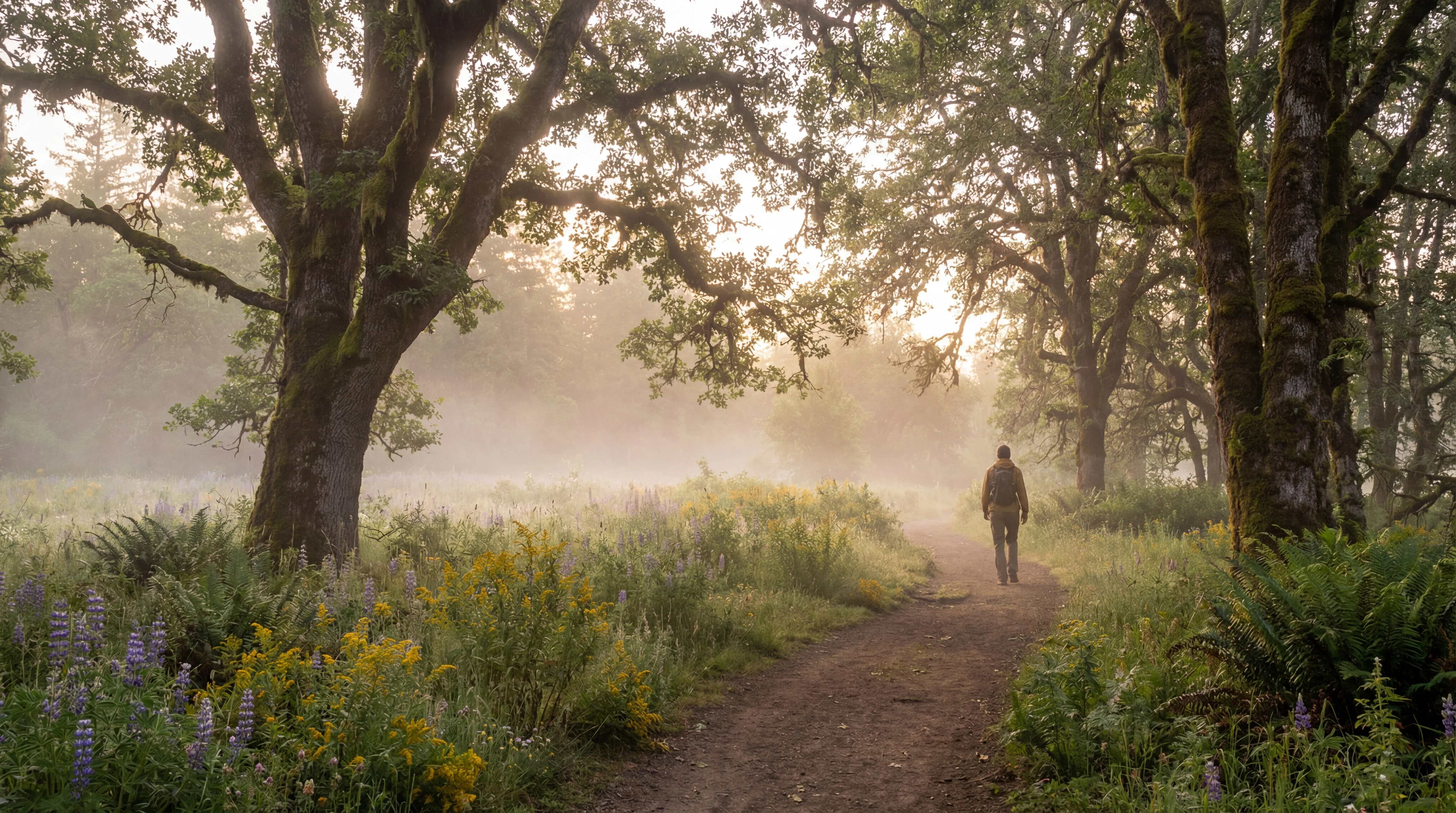 Sunlit forest trail lined with evergreens and soft morning mist, inviting a calm daily awe walk practice.