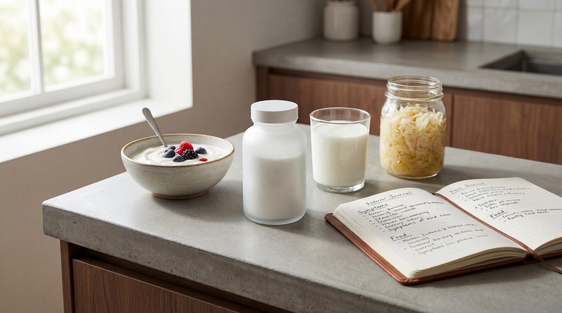 Unlabeled probiotic supplement bottle beside yogurt, kefir, and fermented foods on a kitchen counter with a symptom journal.