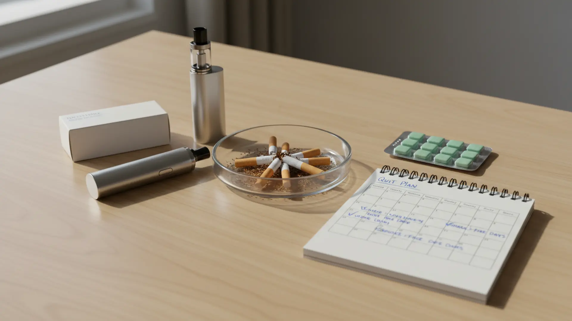 Smoking cessation tools with broken cigarettes, a vape device, nicotine gum, and a handwritten quit plan