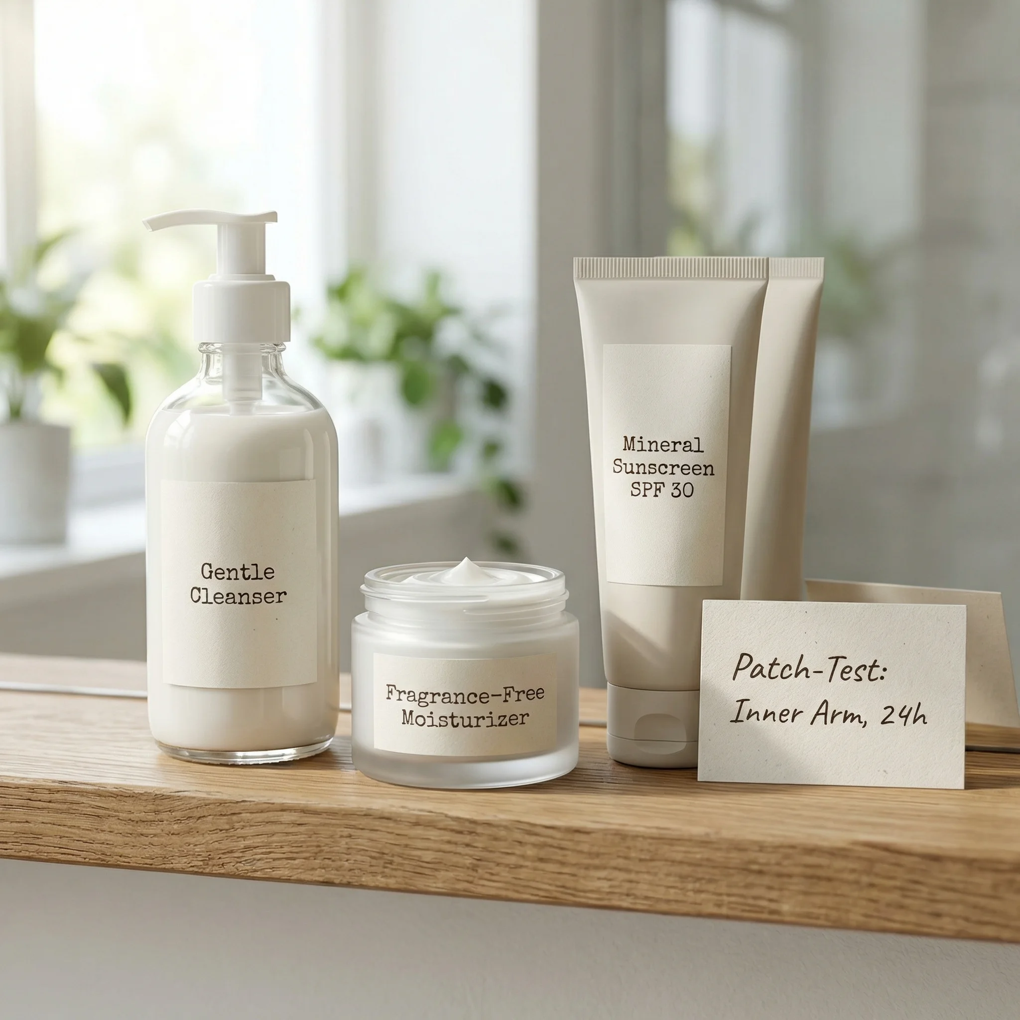 Organized fragrance-free skincare routine with cleanser moisturizer and sunscreen