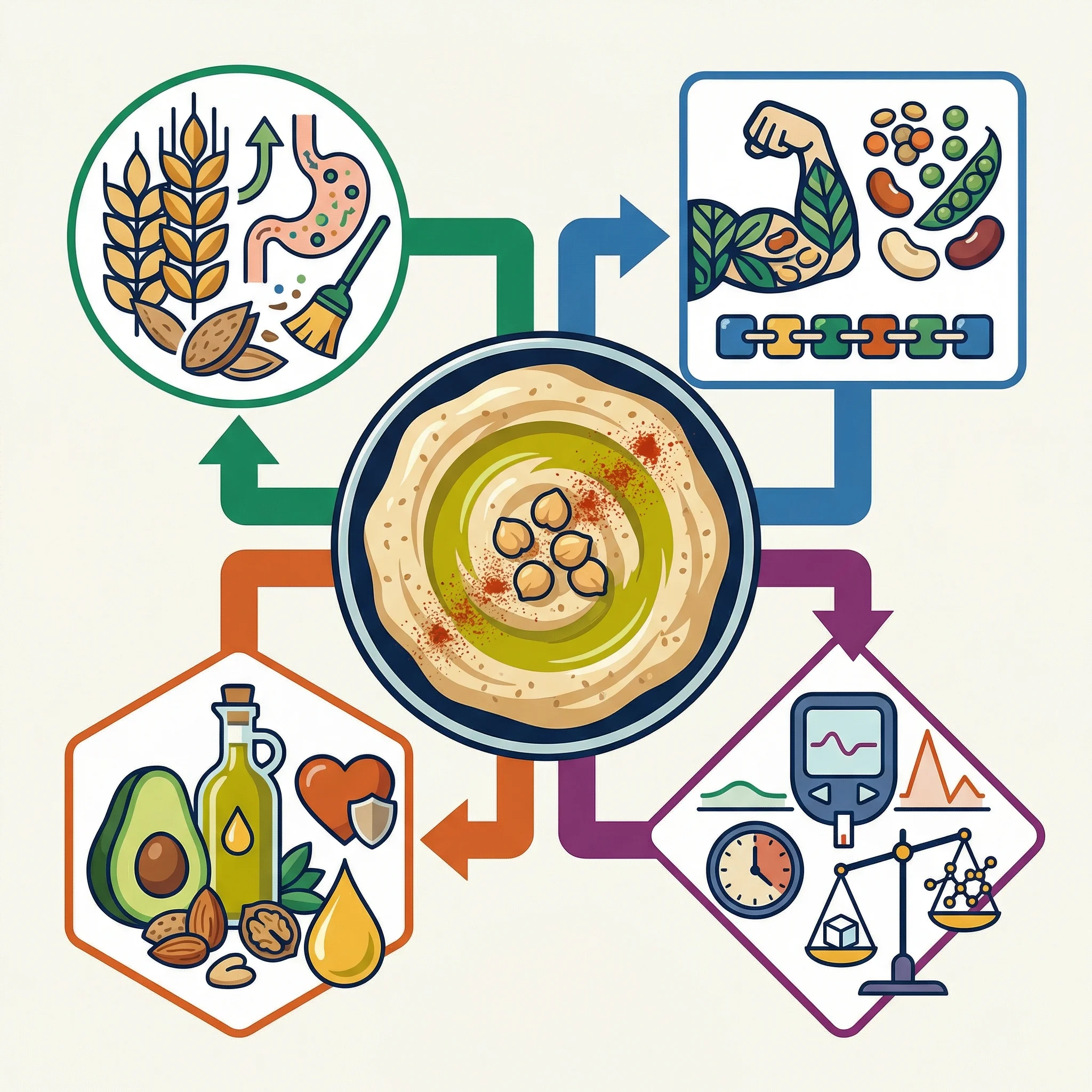 Infographic-style visual showing hummus benefits related to fiber, plant protein, heart-supportive fats, and glucose balance
