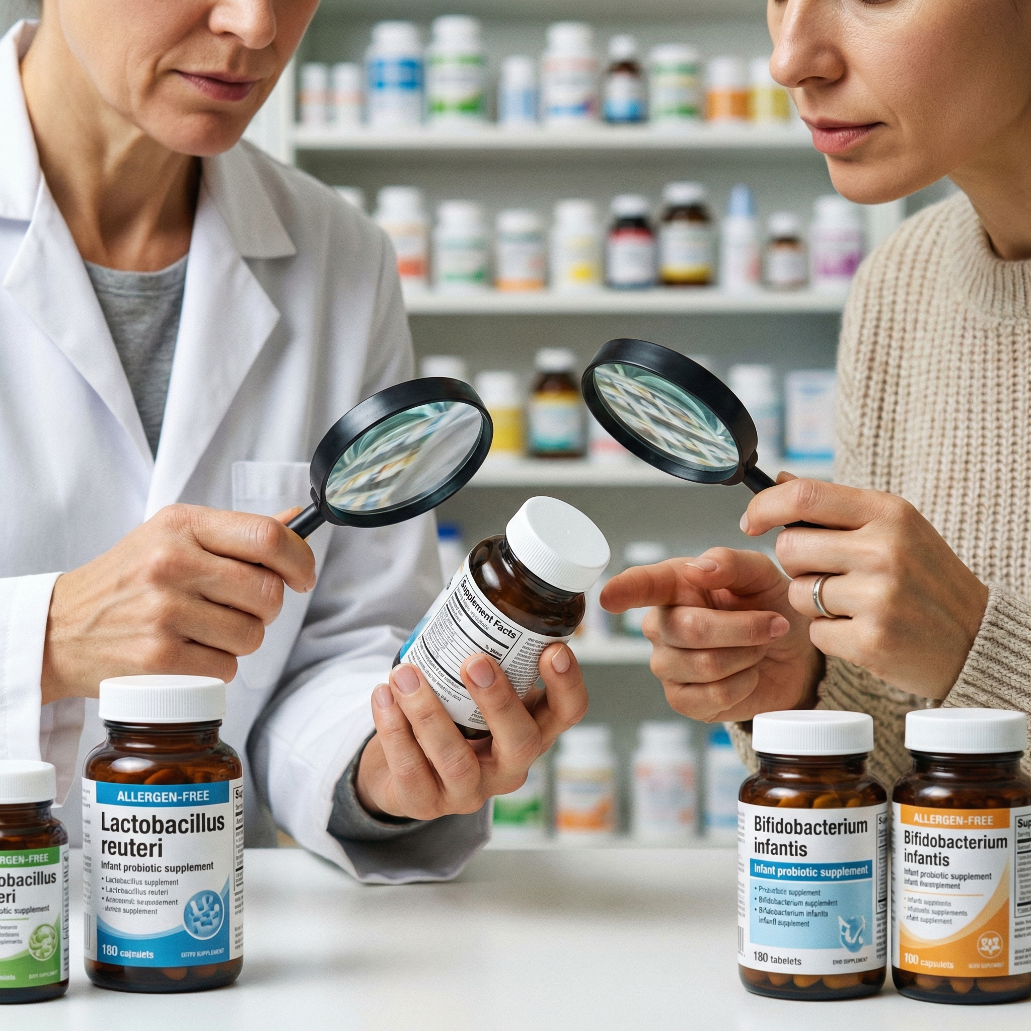 Parent and pharmacist reviewing infant probiotic label details for strain names and allergen safety