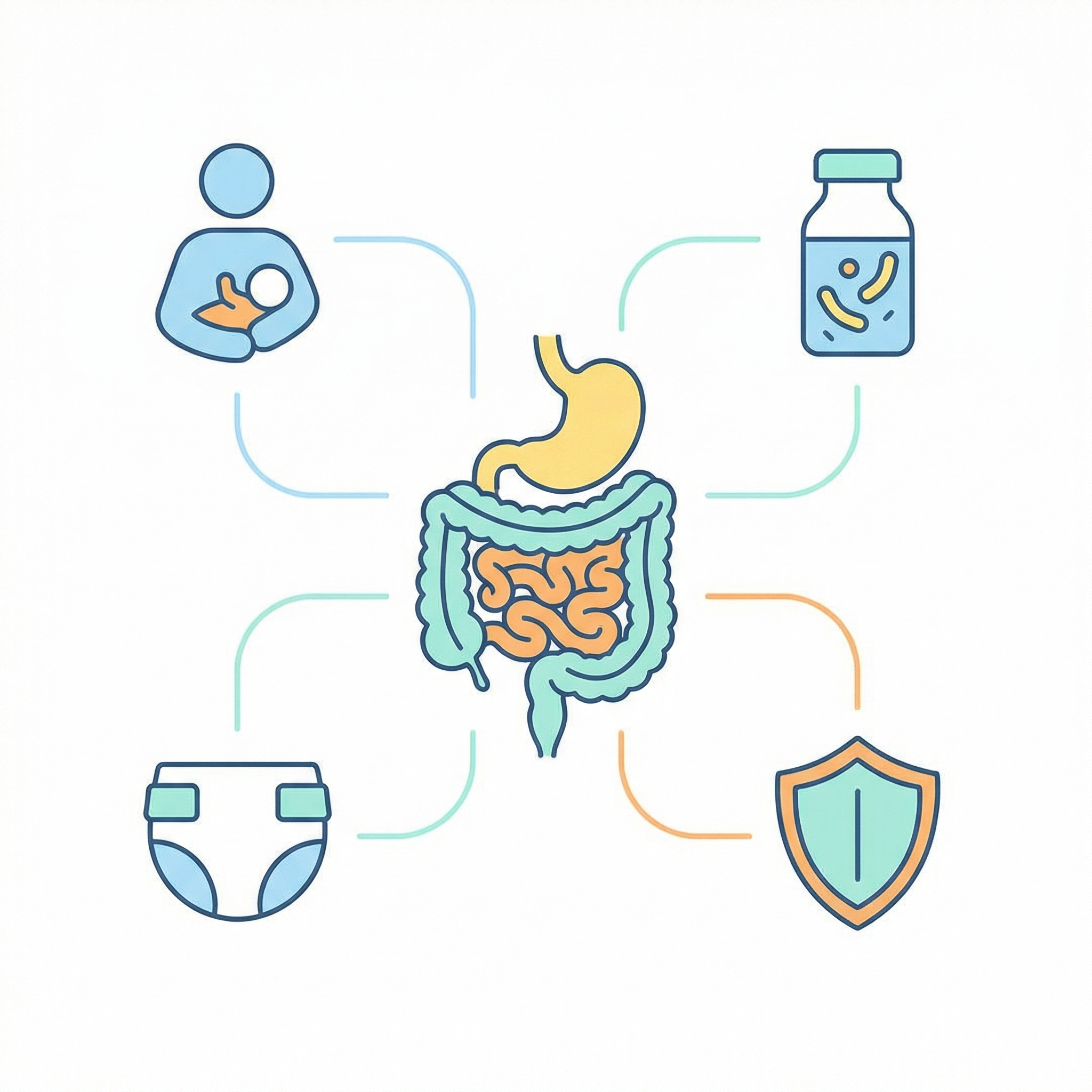 Infographic-style visual showing infant gut microbiome, feeding factors, and evidence-based probiotic decision points