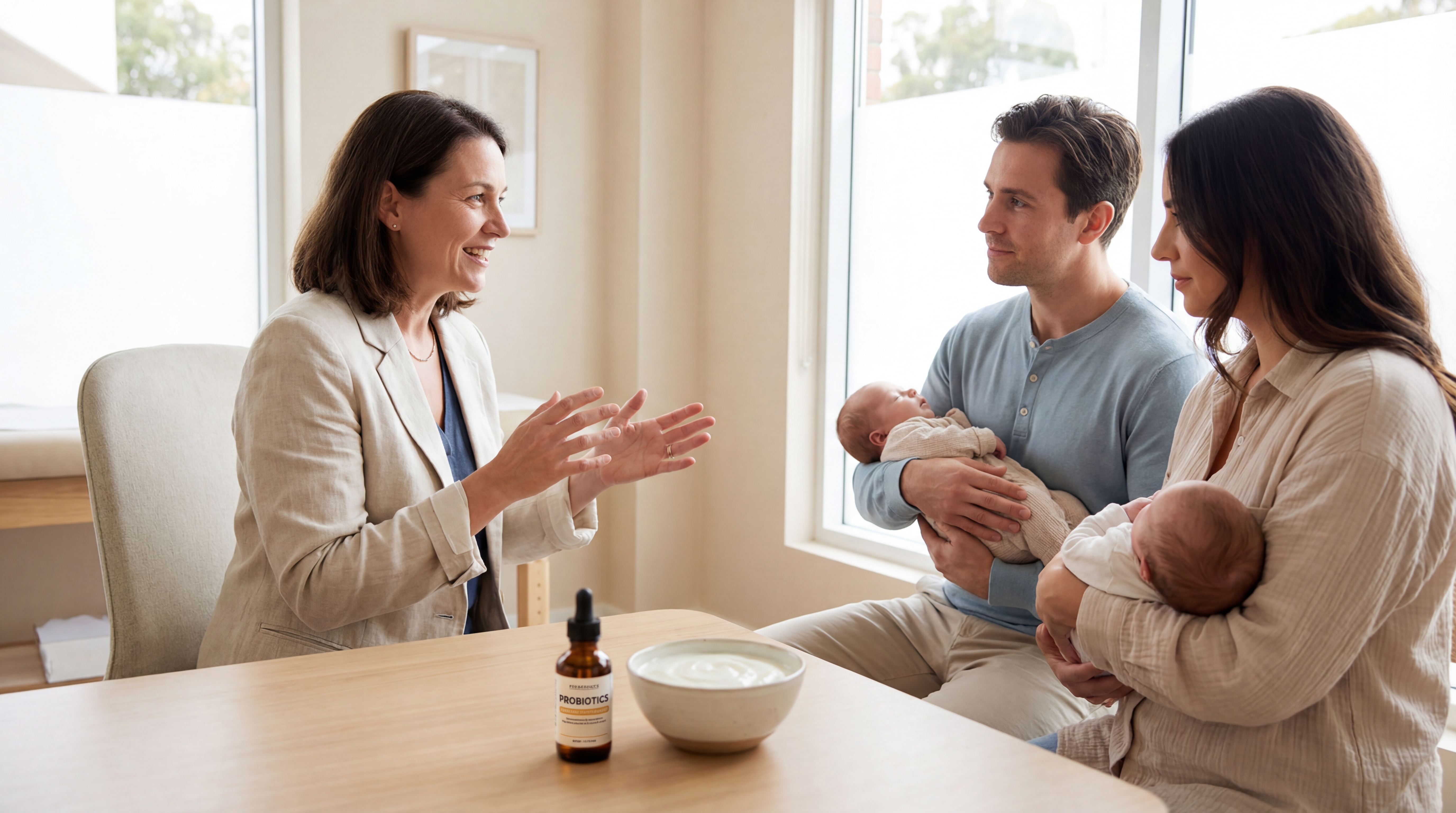 Pediatrician guiding parents with a newborn while discussing infant gut health and probiotic options in a bright clinic