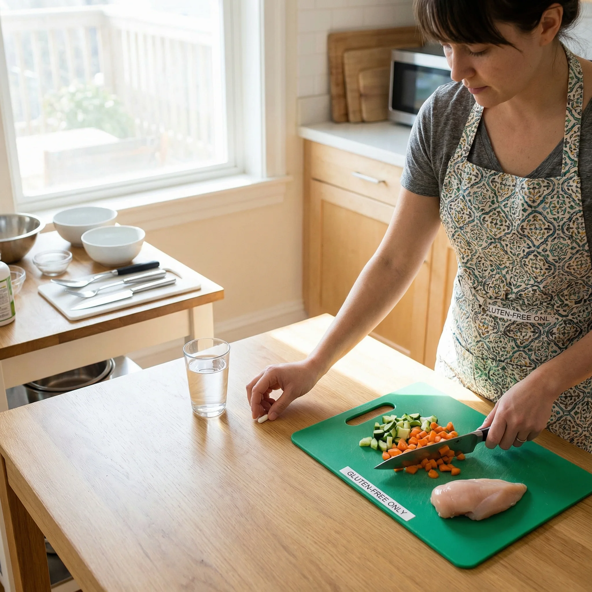 Adult preparing a gluten-free meal while organizing a probiotic supplement and cross-contact-safe kitchen tools