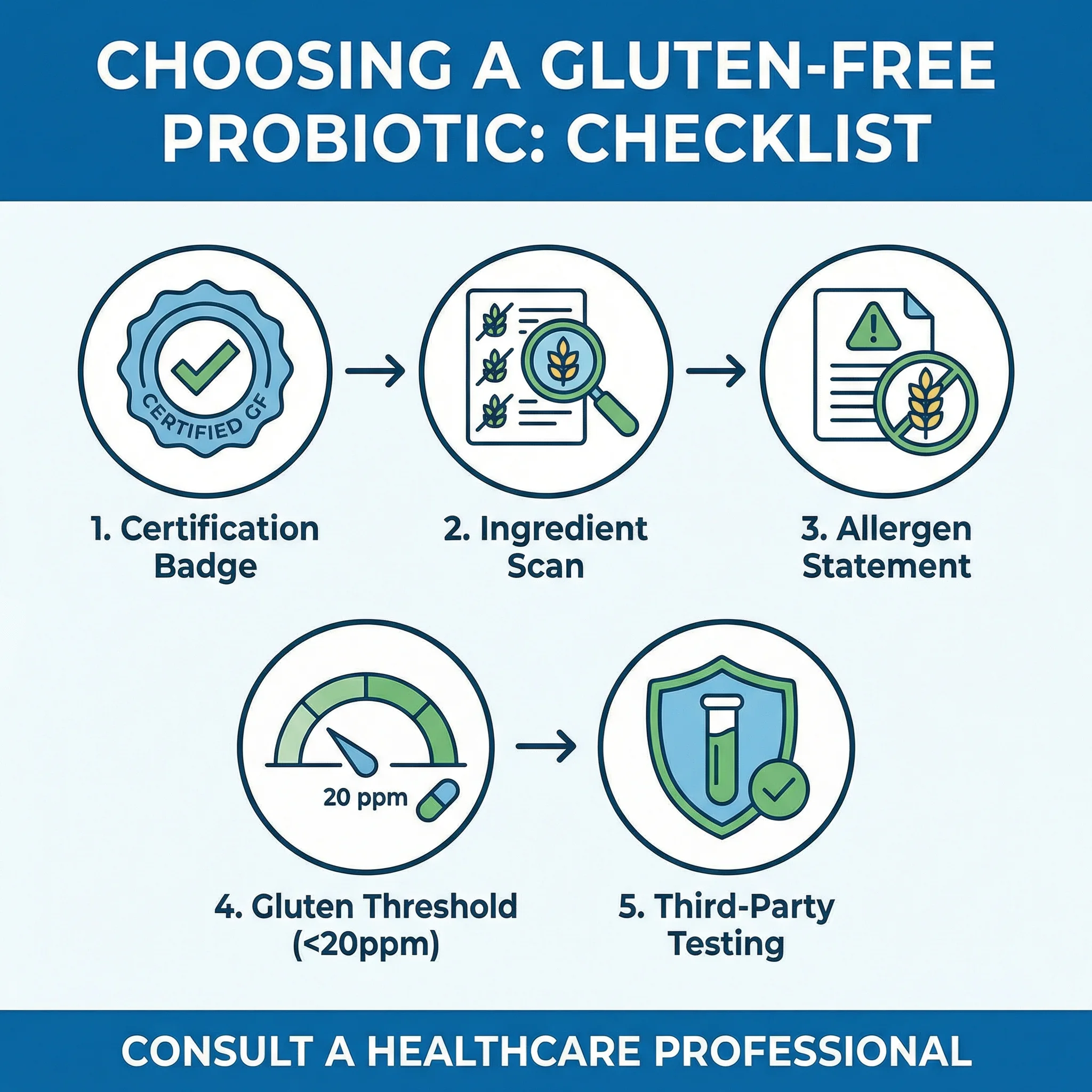 Infographic checklist comparing myths and facts about gluten-free probiotic selection in celiac disease