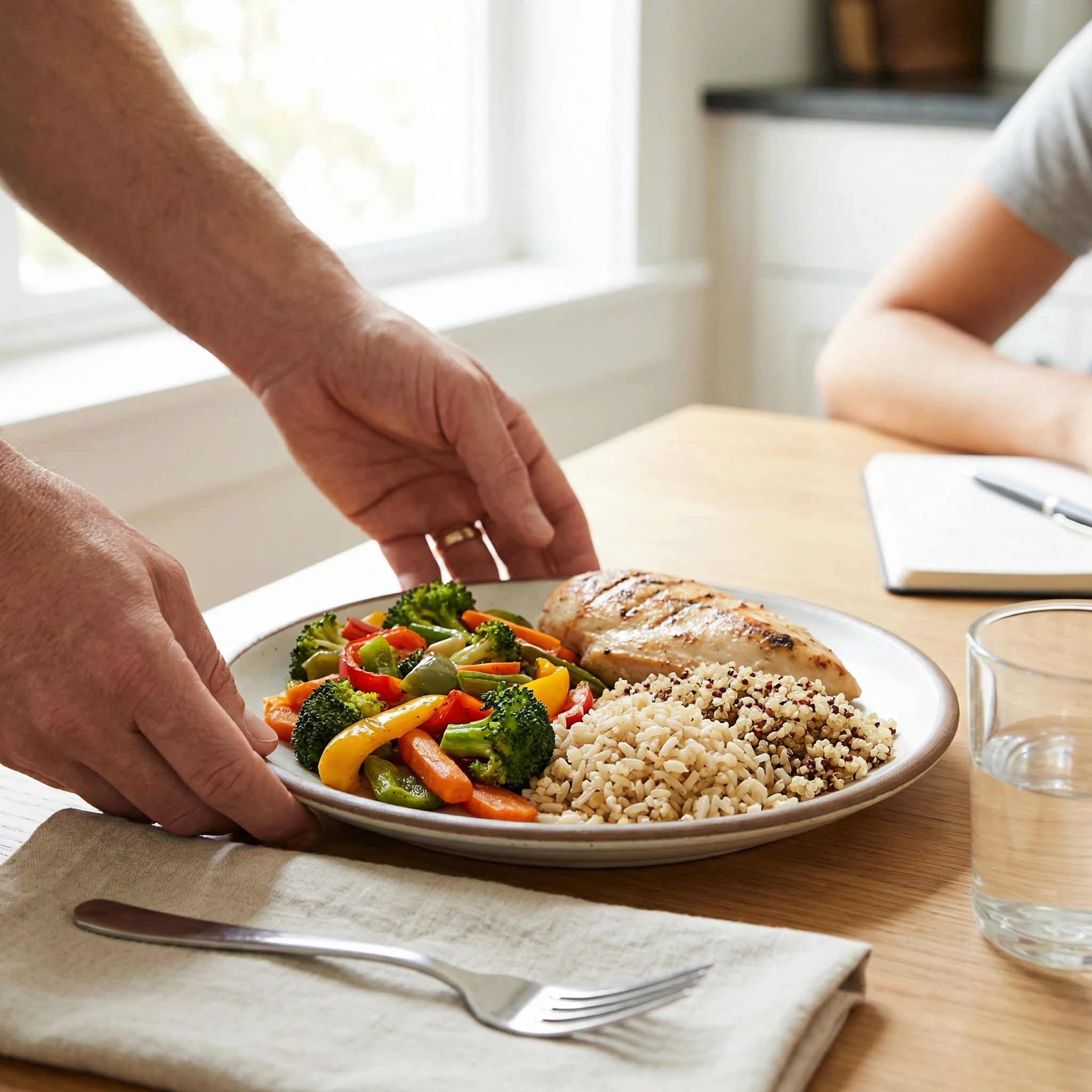 Balanced plate method meal showing vegetables, lean protein, whole grains, and measured healthy fats