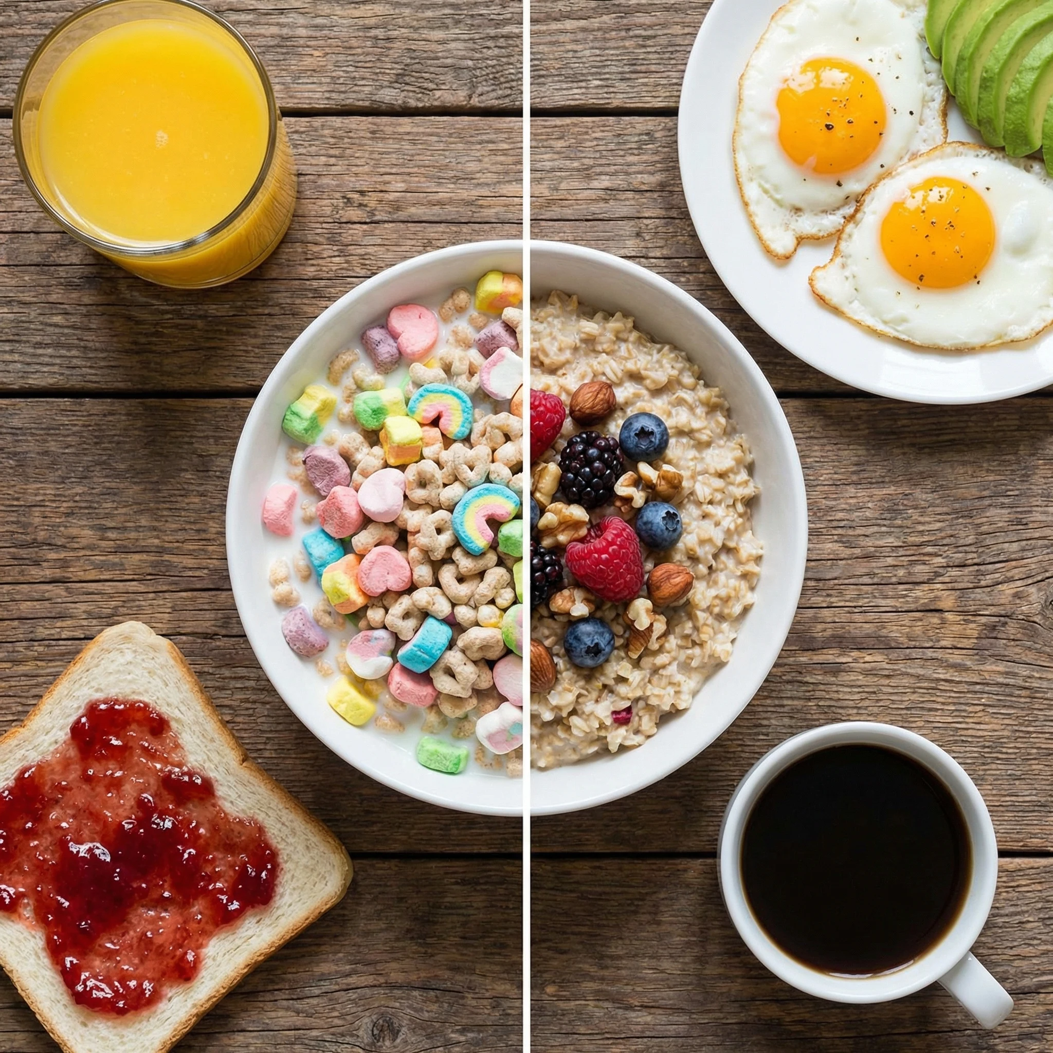 Side-by-side breakfast comparison with sugary cereal and white toast versus oats, eggs, nuts, and berries