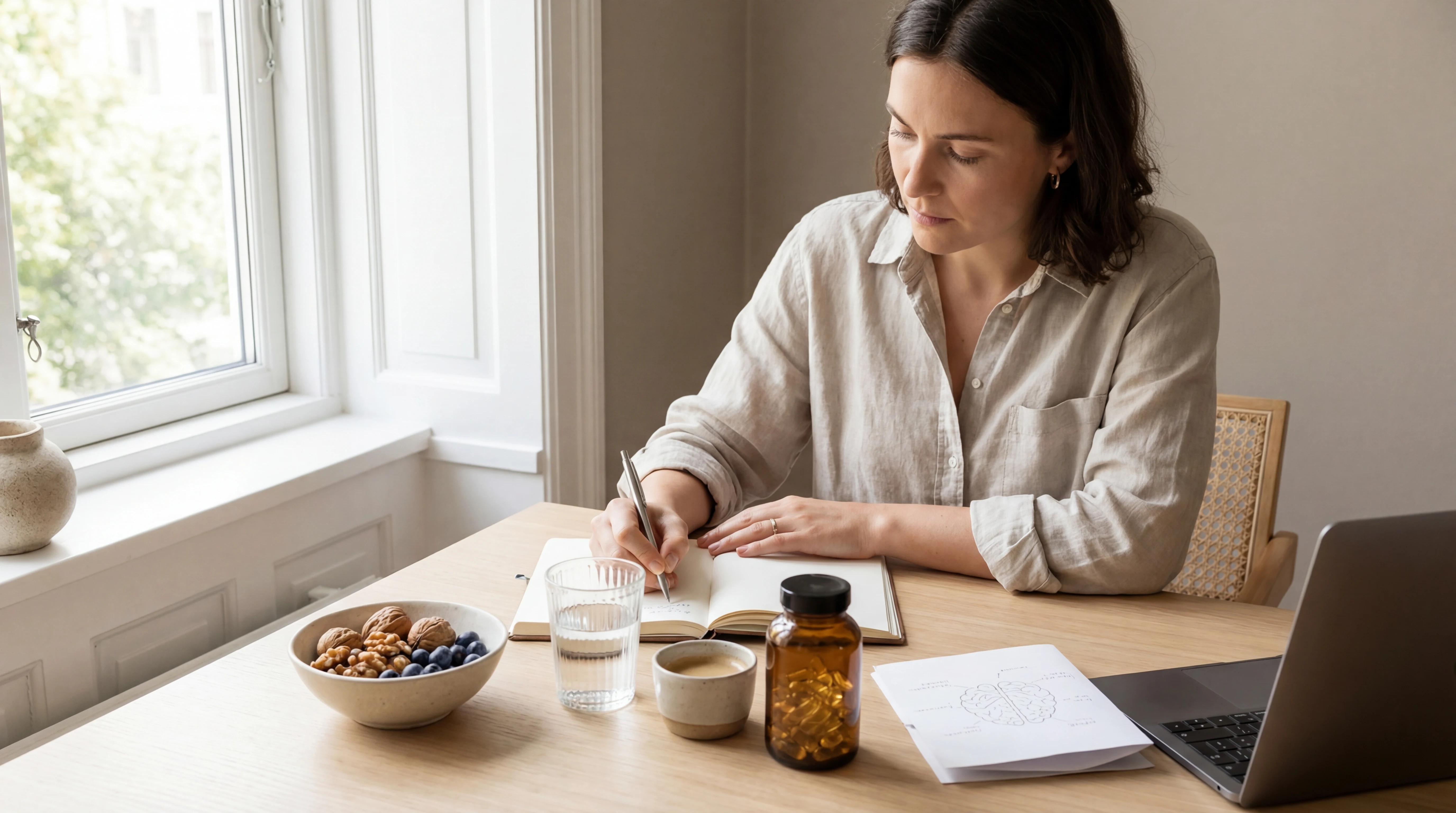 Focused professional planning deep work with a notebook, water, coffee, walnuts, blueberries, and unlabeled supplement capsules on a desk
